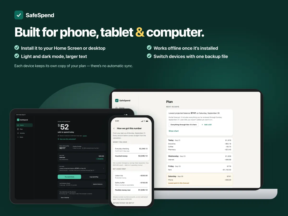SafeSpend budget planner app on a phone, tablet and computer, in light and dark mode
