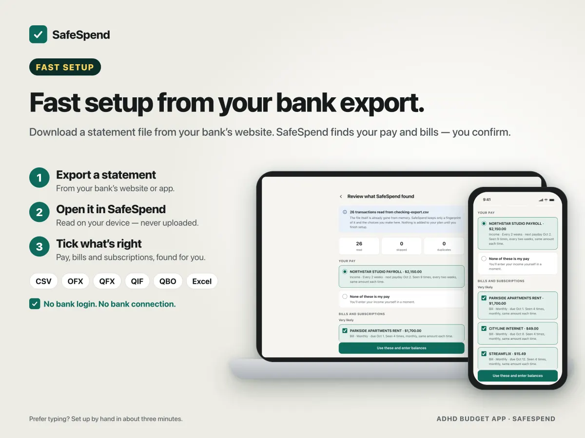 SafeSpend income and expense tracker importing a bank statement file and detecting paychecks and bills